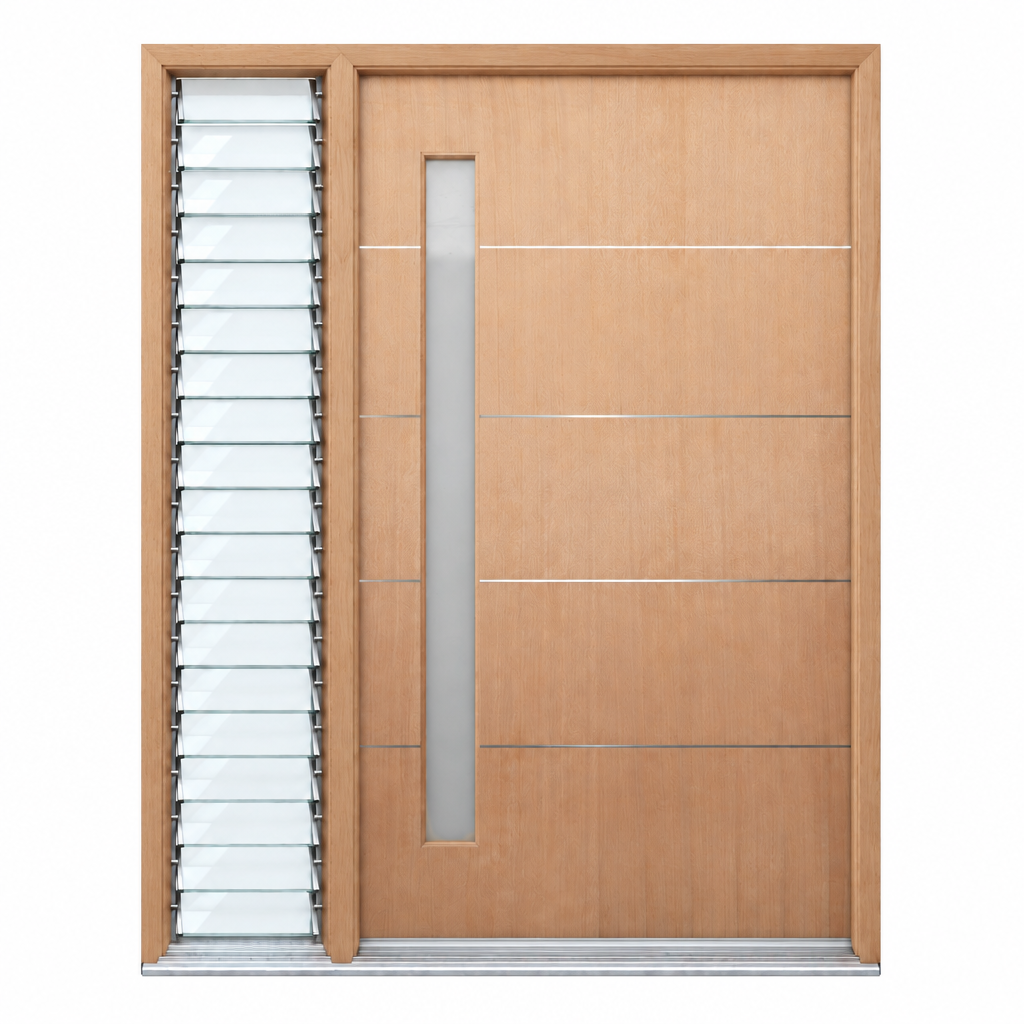AHG door with one glass louvre sidelight on the left