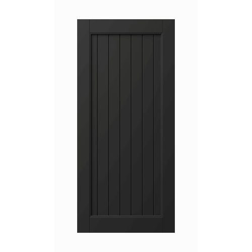 Black powder coated aluminium door with a simple, modern design, pre-hung installation, suitable for various home styles.