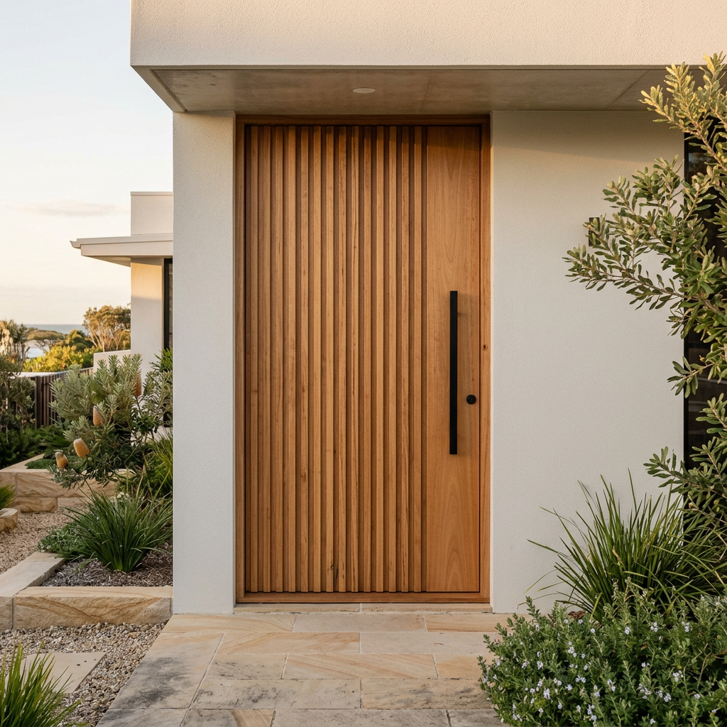 Timber batten door with a smooth stile on the handle side only