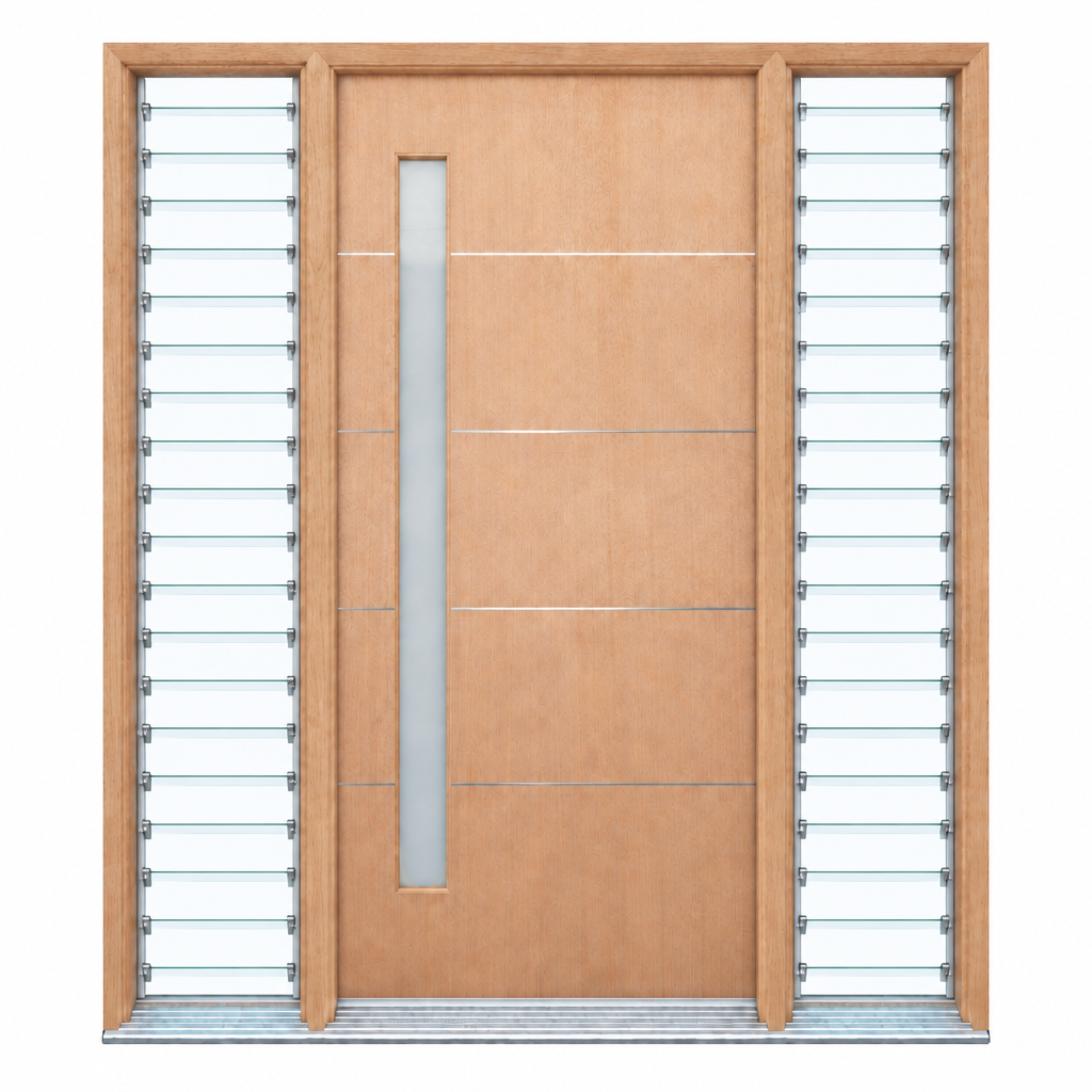 AHG door with two glass louvre sidelights on the plain white background