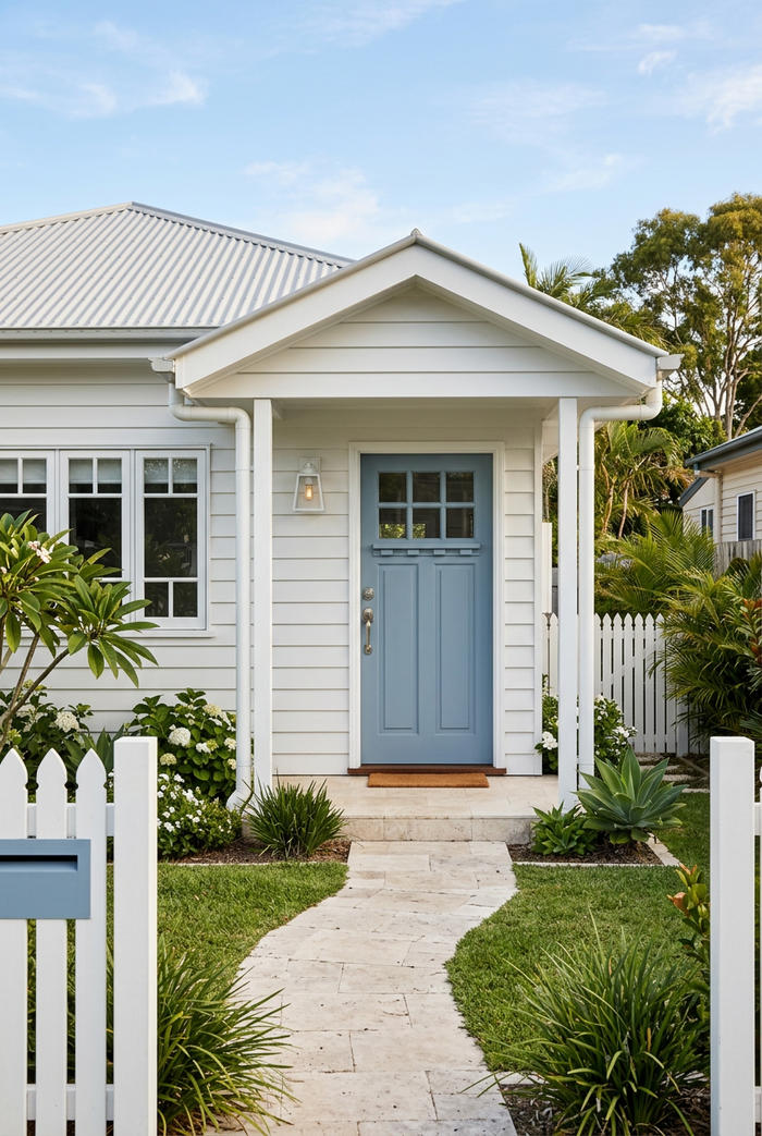 Australian Hamptons-style home with a soft blue panelled front door