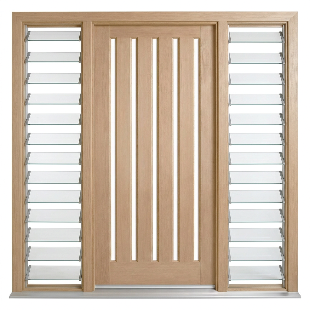 Corinthian Blonde Oak AWO 5VG - New door and frame with 2 louvred sidelights - configuration illustration