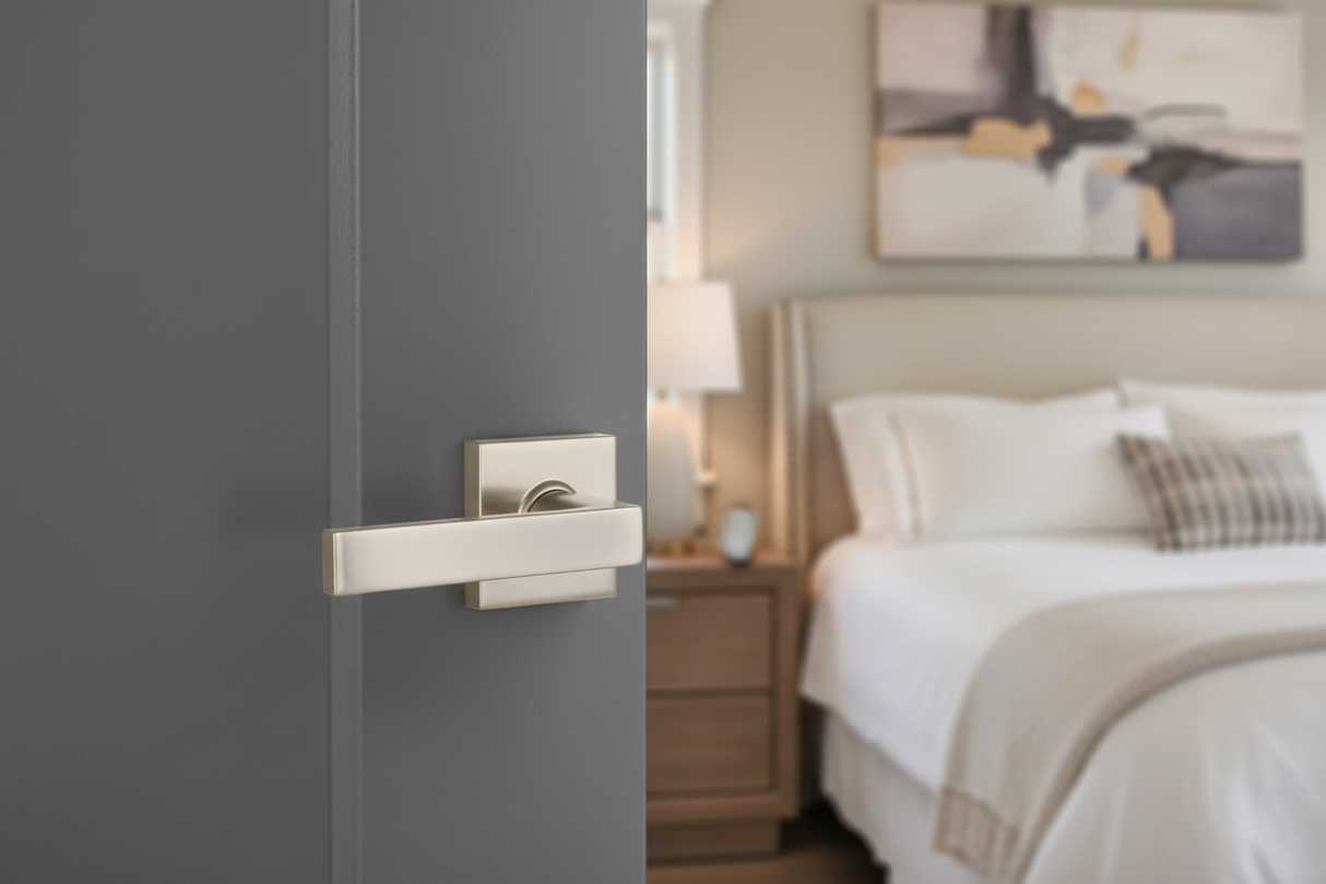L2 Brooklyn Satin Nickel Passage Handle - Bedroom Lifestyle