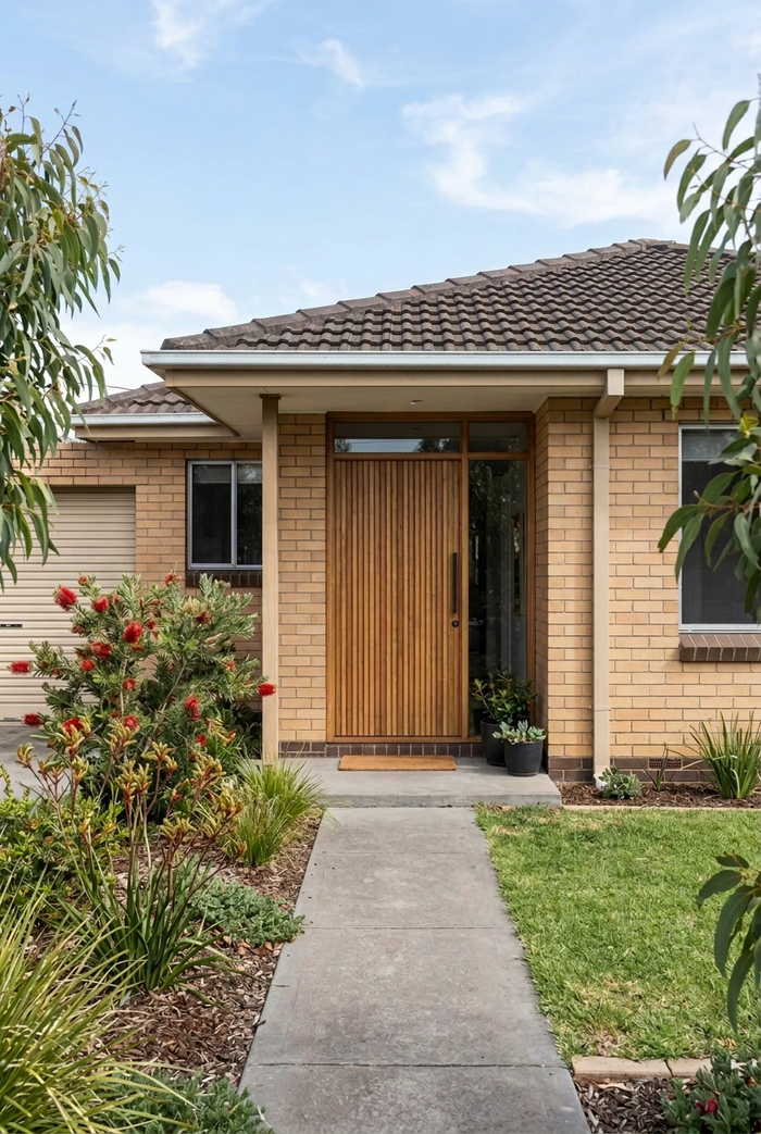 Timber batten front door on a typical Australian suburban brick home