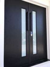 Load image into Gallery viewer, BLACK 1 lite Vertical 820 x 2040 Fibreglass Entrance door (smooth skin) INSTALLED PACKAGE