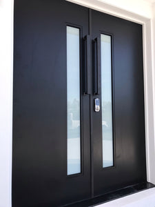 BLACK 1 lite Vertical 820 x 2040 Fibreglass Entrance door (smooth skin) INSTALLED PACKAGE